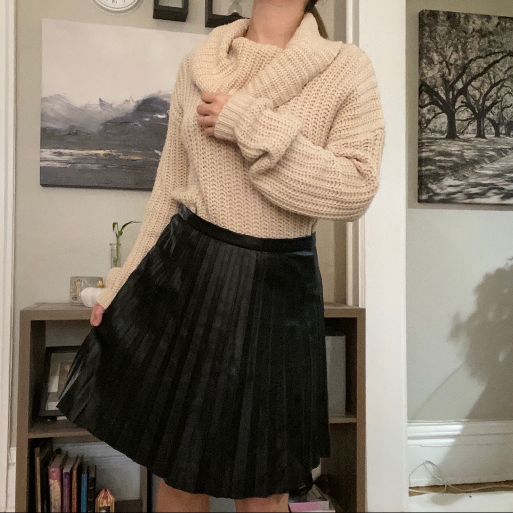 Black faux-leather midi accordion skirt